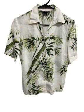Vintage Via Seta Linen Shirt White Green Sz Small Button Up Bamboo Print Beach